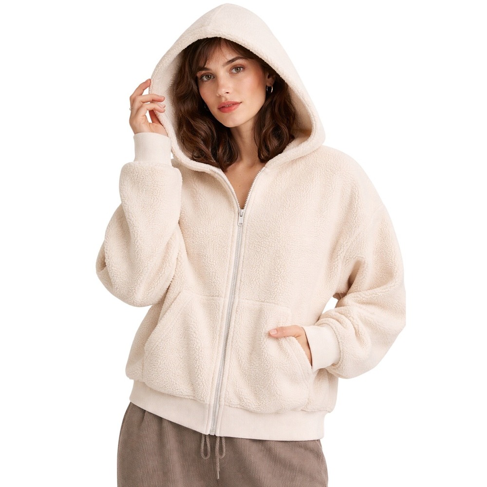 Nap Loungewear Womens S Cream‎ Sherpa Full Zip Hooded Jacket